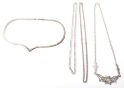 A selection of silver necklaces to include a flat linked pointed necklace chain (stamped 925), a