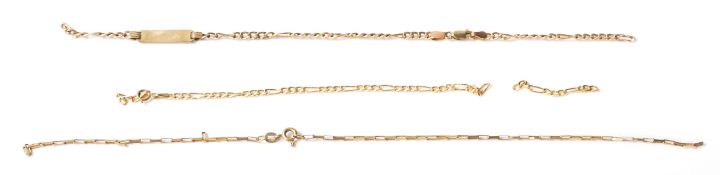 A group of three stamped 9ct gold chains to include a bracelet chain with a name panel engraved