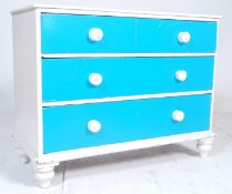 A Victorian 19th century shabby chic two tone coloured painted pine chest of drawers having a