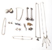 A selection of vintage silver jewellery to include a pair of drop earrings with ball drops to the