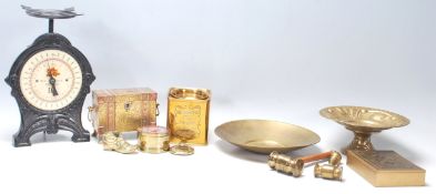A collection of 20th Century brass ware to include a set of vintage weighing scales,  brass