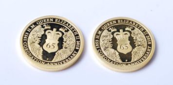A pair of 1/4 ounce 24ct gold coins by the Perth Mint commemorating the 65th Queens Jubilee. Each