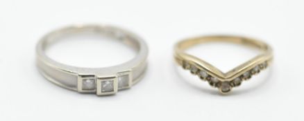 A pair of Vintage 9ct gold ring sets one having three central white stones set in a white gold