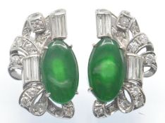 A Pair of Platinum Diamond & Untreated 'A' Jade Fei Cui Earclips