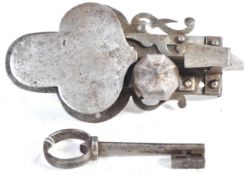 17TH CENTURY GERMAN ANTIQUE ENGRAVED STEEL LOCK AND KEY