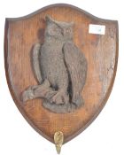 UNUSUAL 19TH CENTURY ENGLISH ANTIQUE HAND CARVED OWL PLAQUE