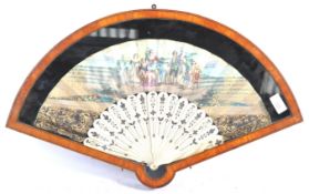 RARE 19TH CENTURY ANTIQUE WALNUT FAN CASE WITH PAINTED FAN