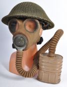 ORIGINAL WWII STEEL BRODIE COMBAT HELMET & GAS MASK