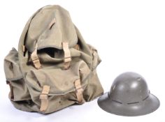 ORIGINAL WWII BRITISH ARMY BACK PACK AND CIVIL DEFENCE HELMET