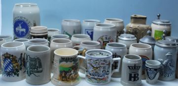 A collection of 20th Century German ceramic stein drinking tankards, each having painted advertising