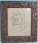 WWI SKETCH OF A SOLDIER STICKS IN ORNATE CARVED FRAME