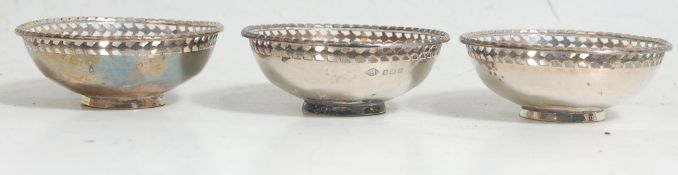 Three silver hallmarked bowls having priced decoration to the top rim. Silver hallmarks for