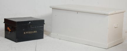 An early 20th century Victorian antique blanket box having hinged lid with metal swing handles