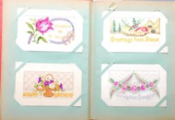 WWI First World War Silk postcards - a good collection of 100 in antique album. Colourfully