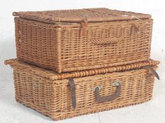 A pair of retro vintage 1970s wicker basket picnic hampers to include a Brexton four person picnic