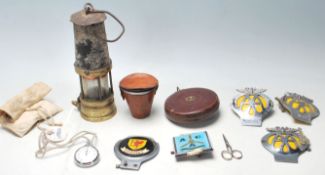A good collection of items to include a miners brass lamp, vintage Smiths stopwatch complete in
