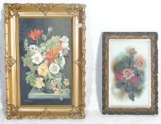 A 19th Century Victorian painting on milk glass depicting a bouquet of roses set within a gilt