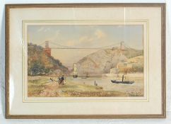 A 19th Century Victorian watercolour painting of The Clifton Suspension Bridge by J Langham. The