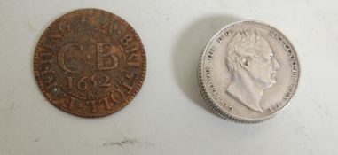 A William IV silverpatch box / coin box fashioned out of 4 six pence pieces. Dated 1834. Weighs 7.