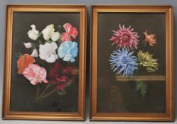A pair of retro vintage late 20th Century acrylic paintings of blooming flowers having a dark