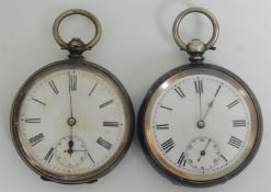 A pair of 20th century open face silver pocket watches having white dial with roman numerals and