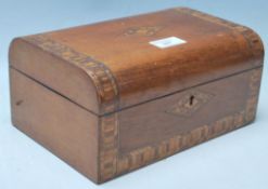 A late 19th / early 20th Century tunbridge ware wooden treen box having banded geometric