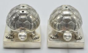 Pair of Unusual 925 silver plated condiments in the form of pair of Tortoise raised on a plinth base