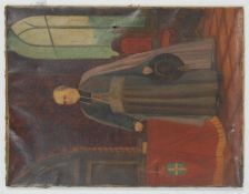 A 20th Century French oil on canvas painting on canvas depicting a priest holding a hat before a