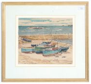 A. L. Searle - a Cornish watercolour on paper painting depicting a group of moored boats on a
