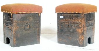A pair of late Victorian 19th century Arts & Crafts hammered copper club fire fender stools. Each