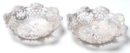 A pair of 19th Century Victorian hallmarked sterling silver repousse bon bon dish / trinket dish /