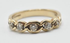 A hallmarked 9ct gold ring having a chain link design set with round cut diamonds. Hallmarked