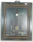 A antique style oil painting effect clock adorned with abalone shell detailing and  having central