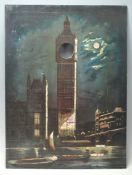 A vintage 20th Century hand painted pocket watch / clock surround board depicting Big Ben and the