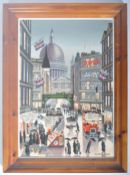 ALFRED JONES OIL ON BOARD PAINTING DEPICTING A LONDON STREET