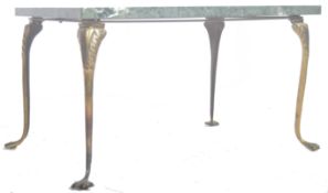 MID CENTURY GREEN MARBLE TOPPED COFFEE TABLE ON BRASS SUPPORTS