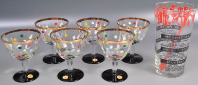 MATCHING SET OF SIX RETRO POLKA-DOT COCKTAIL GLASSES AND MIXER