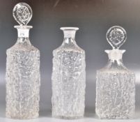 SET OF THREE WHITEFRIARS GLACIER STUDIO ART GLASS DECANTERS