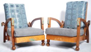 FINE PAIR OF OAK FRAMED ART DECO RECLINING EASY LOUNGE ARMCHAIRS