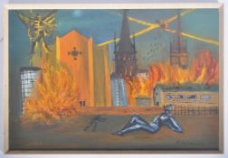 C. HOPEWELL MID CENTURY NAIVE OIL ON BOARD PAINTING OF THE DESTRUCTION OF COVENTRY CATHEDRAL