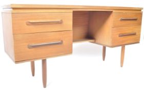 MID CENTURY TEAK WOOD TWIN PEDESTAL DESK RAISED ON TAPERING SUPPORTS