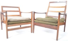 QUALITY PAIR OF HIS AND HERS TEAK FRAMED ARMCHAIRS / EASY LOUNGE CHAIRS