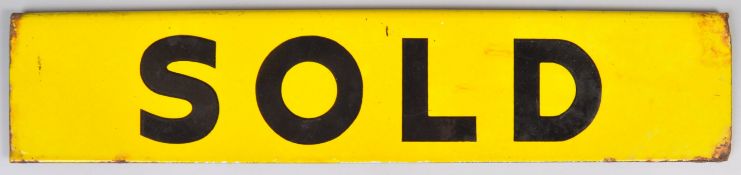 MID CENTURY DOUBLE SIDED YELLOW AND BLACK ENAMELED PORCELAIN SOLD SIGN