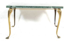 MID CENTURY GREEN MARBLE TOPPED COFFEE TABLE ON BRASS SUPPORTS