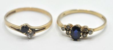 TWO 9CT GOLD RINGS SET WITH BLUE AND WHITE STONES