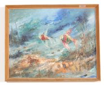 WHEELER 63 - MID CENTURY RETRO OIL ON BOARD PAINTING - FISH