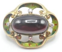 18CT GOLD GARNET DIAMOND AND ENAMEL BROOCH