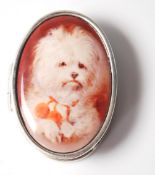 A STAMPED 925 SIOLVER PILL POT HAVING A DOG PANEL ATOP.