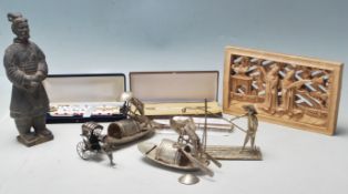 VINTAGE 20TH CENTURY CHINESE FIGURINES - WHITE METAL - CERAMIC. - WOOD