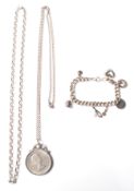 SILVER CHARM BRACELET, COIN NECKLACE AND NECKLACE CHAIN